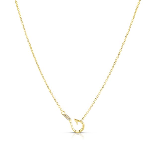 14K Yellow Gold & Diamond Fishing Hook Necklace 12 Stones .03ct S. Lennon & Co Jewelers New Hartford, NY