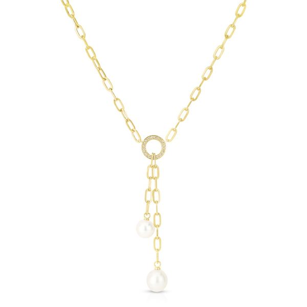 14K Yellow Gold Diamond and Double Pearl Dangle Lariat Necklace with 22 Stones .09ct S. Lennon & Co Jewelers New Hartford, NY