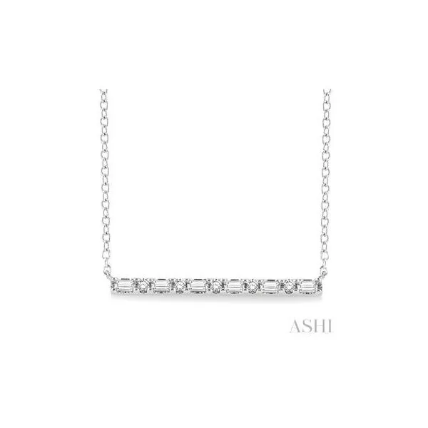 10Kt White Gold Baguette and Round Cut Diamond Petite Bar Necklace .15tcw Steve Lennon & Co Jewelers  New Hartford, NY