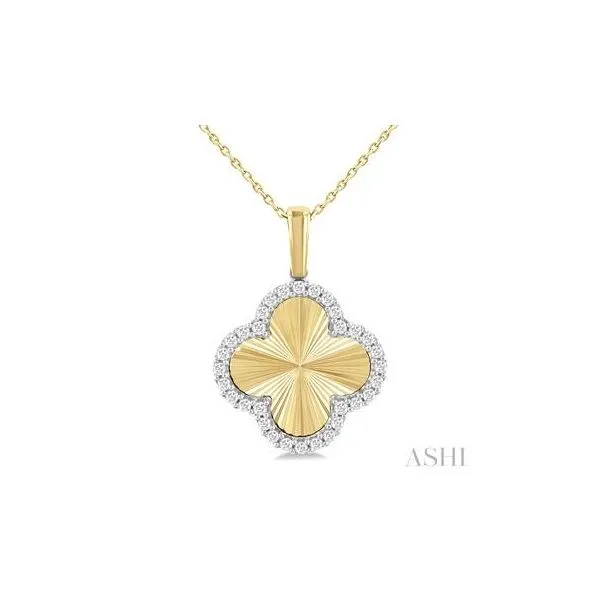 10kt Yellow Gold  Fluted Texture Clover Round Cut Diamond Fashion Pendant With Chain .25tcw Steve Lennon & Co Jewelers  New Hartford, NY
