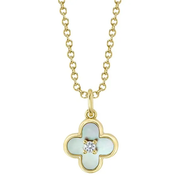 Shy Creation 14Kt Yellow Gold  Diamond & Mother Of Pearl Clover Necklace .02tcw Steve Lennon & Co Jewelers  New Hartford, NY