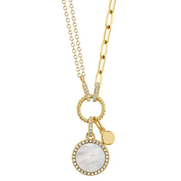 Shy Creation 14Kt Yellow Gold Diamond & Mother Of Pearl Circle Paper Clip Link Necklace .13tcw Steve Lennon & Co Jewelers  New Hartford, NY
