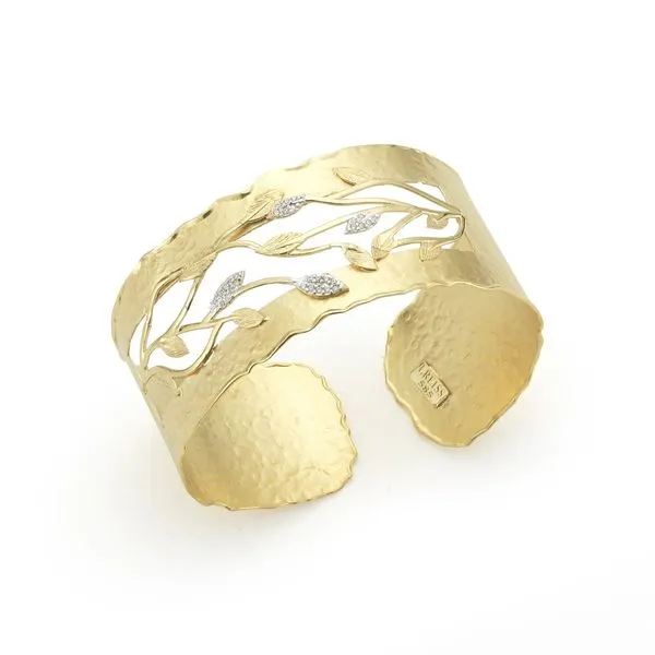 I.Reiss - 14 Karat Yellow Gold Matte And Hammer-Finished Scallop-Edge Vine Cuff Bracelet Accented With 0 20 Carats Of Pave Set D Steve Lennon & Co Jewelers  New Hartford, NY