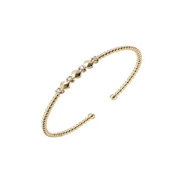 14Kt Yellow Gold Beaded Open Bangle with 4 Round Diamonds .20tcw Steve Lennon & Co Jewelers  New Hartford, NY