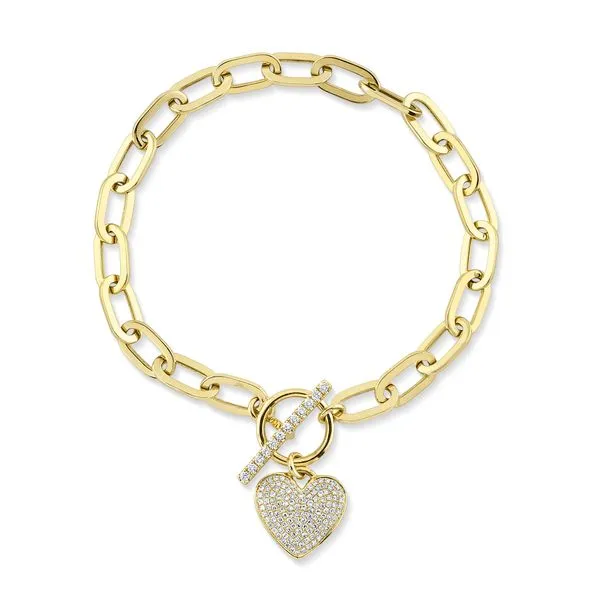 Shy Creation 14Kt Yellow Gold  Diamond Paper Clip Link Pave Heart Bracelet .41tcw Steve Lennon & Co Jewelers  New Hartford, NY