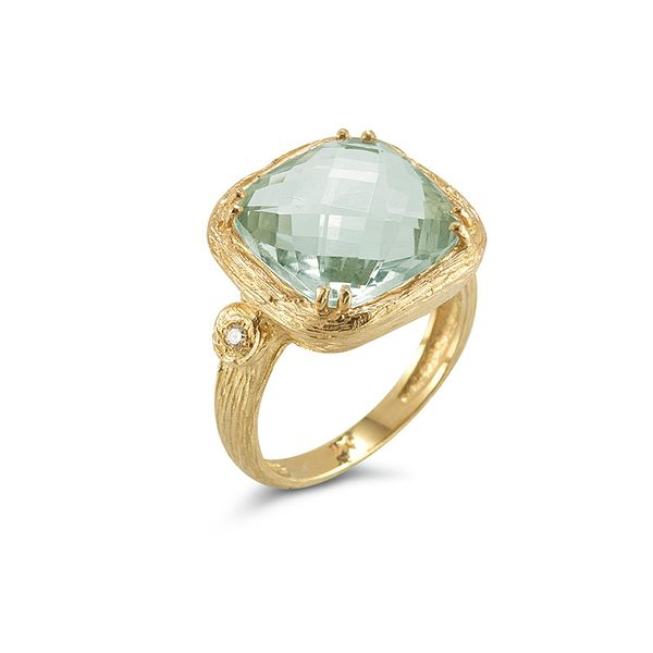 I. Reiss Yellow Hammered 14 Karat Contemporary Fashion Ring With One Square Cushion Green Amethyst And 2=0.05Tw Round Diamonds Steve Lennon & Co Jewelers  New Hartford, NY