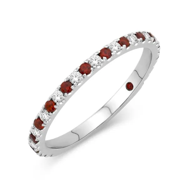 14KT YG  Shared Prong Alternating Band with 12 Diamonds .16TCW 11 Red Garnet .19TCW Steve Lennon & Co Jewelers  New Hartford, NY
