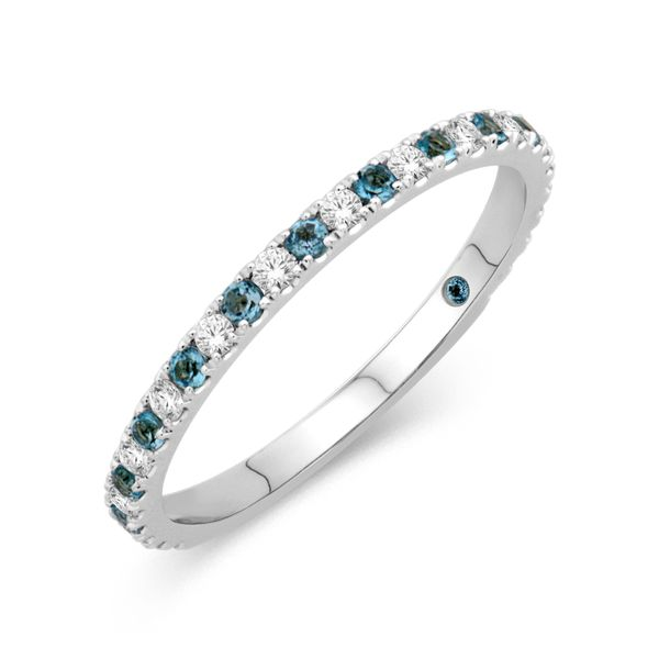 14KT WG Shared Prong Alternating Band with 12 Diamonds .15TCW 11 Blue Topaz .18TCW Steve Lennon & Co Jewelers  New Hartford, NY