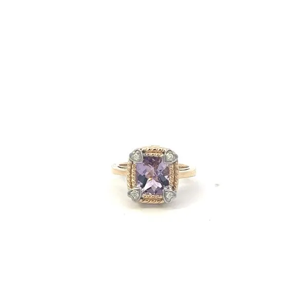 14K Yellow Gold Cushion Shaped Amethyst Ring 4.0tcw with 4 Round Diamonds in Hearts .05tcw Steve Lennon & Co Jewelers  New Hartford, NY