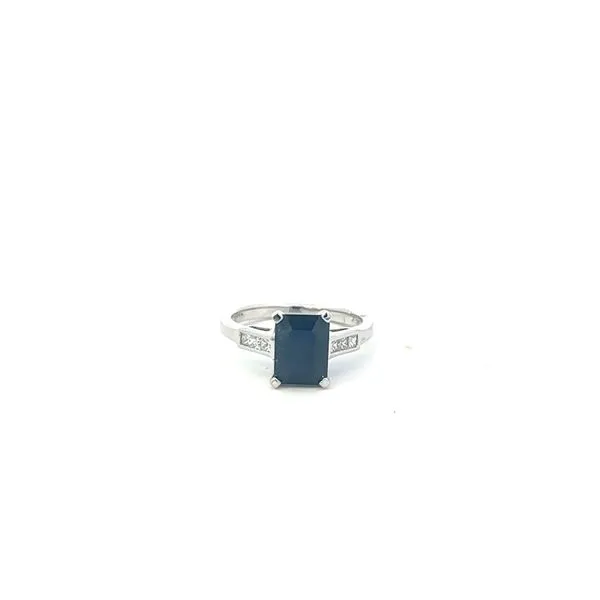 14K White Gold Emerald Cut Sapphire Ring 2.60 tcw with 3 Baguette Diamonds per side on band.20tcw Steve Lennon & Co Jewelers  New Hartford, NY