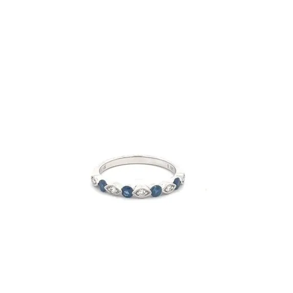 14KT White Gold Diamond and Sapphire Wedding Band with Alternating 4 Round Sapphires .38CT and 5 Round Diamonds .09CT with Diamo Steve Lennon & Co Jewelers  New Hartford, NY