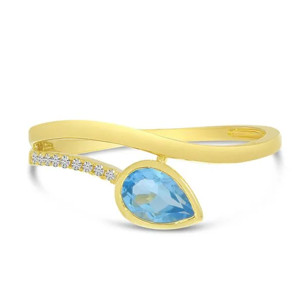 14K Yellow Gold Pear Blue Topaz and Diamond Wave Bypass Ring Steve Lennon & Co Jewelers  New Hartford, NY
