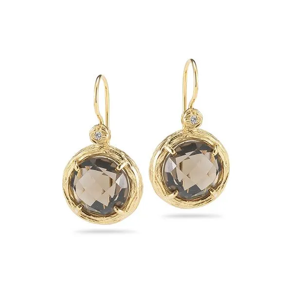 I. Reiss Yellow Matte' 14 Karat Earrings With 2=0.03Tw Round Diamonds And 2= Round Smoky Topazs Steve Lennon & Co Jewelers  New Hartford, NY