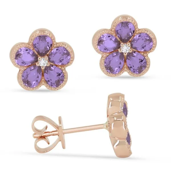 Madison L Rosé 14 Karat Stud Earrings With Pear Amethysts And 2=0.03Tw Round Diamonds Steve Lennon & Co Jewelers  New Hartford, NY