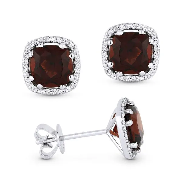 Madison L White 14 Karat Stud Earrings With Square Cushion Garnets And 40=0.09Tw Round Diamonds Steve Lennon & Co Jewelers  New Hartford, NY