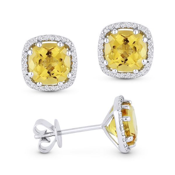 Madison L White 14 Karat Stud Earrings With Square Cushion Citrines And 40=0.09Tw Round Diamonds Steve Lennon & Co Jewelers  New Hartford, NY