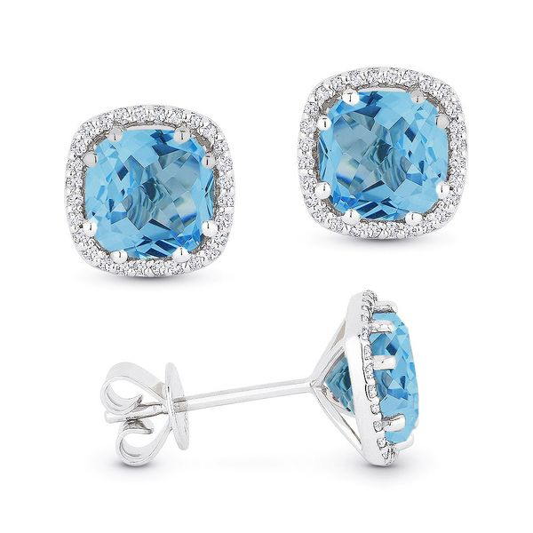 Madison L White 14 Karat Stud Earrings With Square Cushion Blue Topazs And 40=0.09Tw Round Diamonds Steve Lennon & Co Jewelers  New Hartford, NY