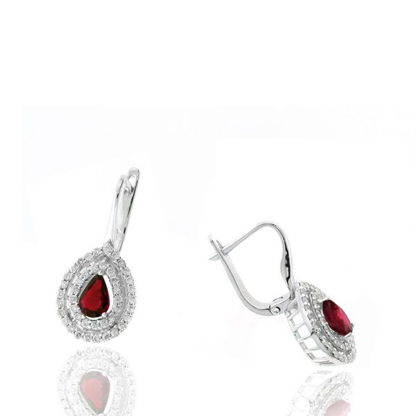 14KW Diamond & Pear Shaped Ruby Earrings Steve Lennon & Co Jewelers  New Hartford, NY