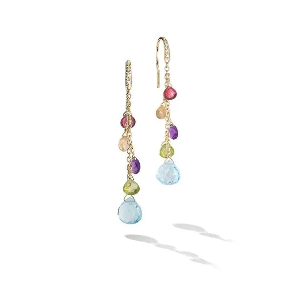 Marco Bicego -Paradise Collection 18K Yellow Gold Diamond and Mixed Gemstone Medium Drop Earrings Steve Lennon & Co Jewelers  New Hartford, NY