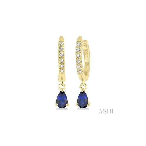 10Kt Yellow Gold Round Cut Diamond & 5x3 MM Pear Cut Sapphire Petite Fashion Huggie Earrings .12tcw Steve Lennon & Co Jewelers  New Hartford, NY