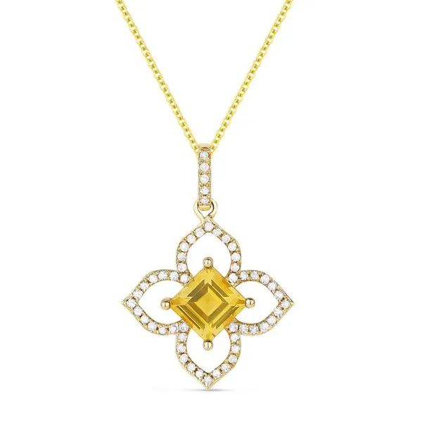 Madison L Yellow 14 Karat Pendants With Square Cushion Citrines And 53=0.17Tw Round Diamonds Steve Lennon & Co Jewelers  New Hartford, NY
