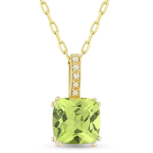 Madison L Yellow 14 Karat Pendants With Square Cushion Peridots And 5=0.02Tw Round Diamonds Steve Lennon & Co Jewelers  New Hartford, NY