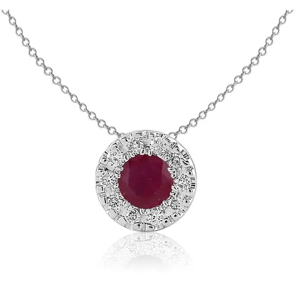 S. Lennon Classic 14K White Gold Round Ruby .25ct Pendant with a Diamond Halo .08ct Steve Lennon & Co Jewelers  New Hartford, NY