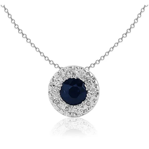 S. Lennon Classic 14K White Gold Round Sapphire .67ct Pendant with Diamond Halo .25ct Steve Lennon & Co Jewelers  New Hartford, NY