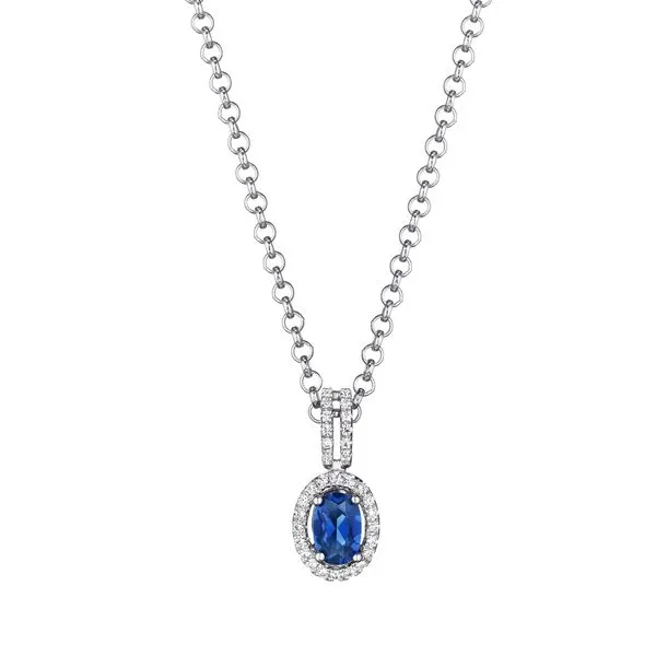 Fana Fine Jewelry 14KT WG Oval Shape Sapphire Pendant Necklace .66tc surrounded by 32 Round Diamonds .15tcw Steve Lennon & Co Jewelers  New Hartford, NY