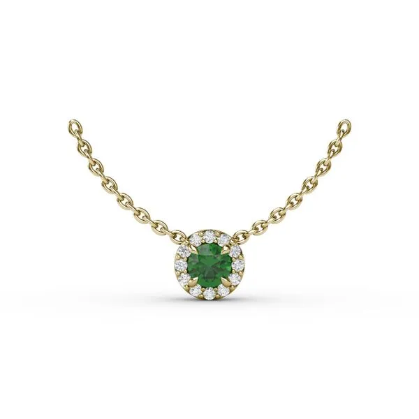 Fana Fine Jewelry 14KT YG Round Emerald Pendant Necklace surrounded by 12 Round Diamonds .03tcw S. Lennon & Co Jewelers New Hartford, NY