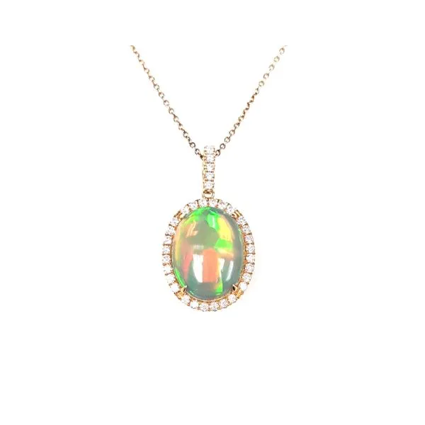 14Kt White Gold Oval Shape Opal Pendant 1.42ct with .27tcw Diamond Halo Steve Lennon & Co Jewelers  New Hartford, NY