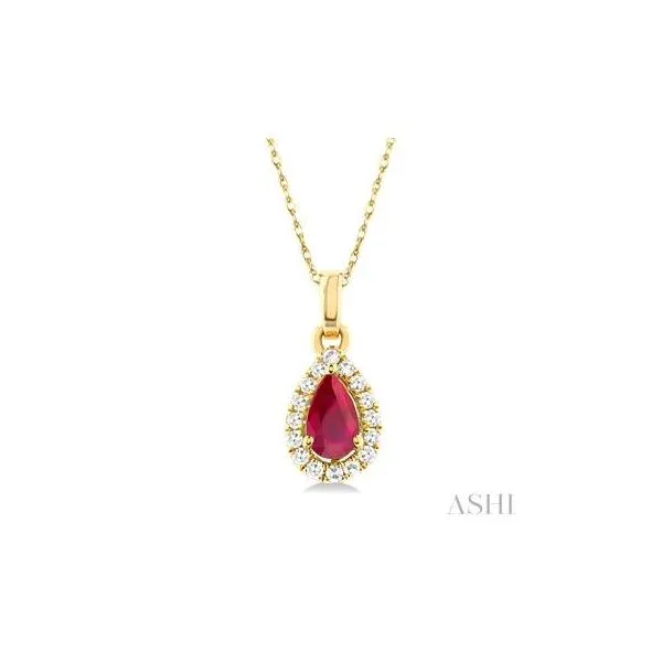 10kt Yellow Gold Single Cut Diamond and 5X3MM Pear Shape Ruby Halo Precious Pendant .07tcw Steve Lennon & Co Jewelers  New Hartford, NY