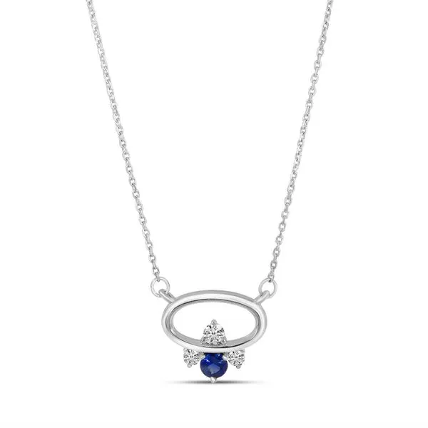14K White Gold Round Pink Sapphire & 3 Diamond  East To West Oval Necklace .06tcw (Shown In Blue Sapphire) Steve Lennon & Co Jewelers  New Hartford, NY