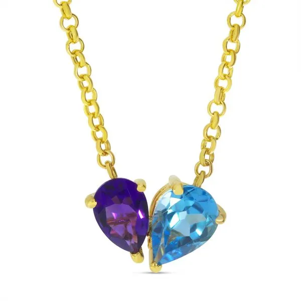 14K Yellow Gold Pear Amethyst and Blue Topaz Duo Heart Necklace Steve Lennon & Co Jewelers  New Hartford, NY