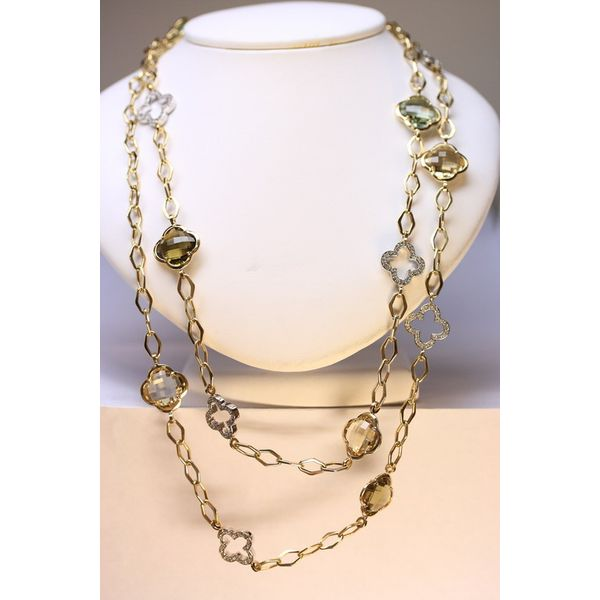 14KY Diamond & Clover Green Amethyst Smoky Topaz Necklace Steve Lennon & Co Jewelers  New Hartford, NY
