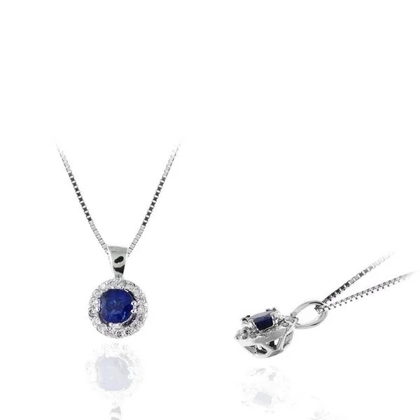14K White Gold Diamond Halo.06tcw & Round Sapphire Pendant .30tcw Steve Lennon & Co Jewelers  New Hartford, NY