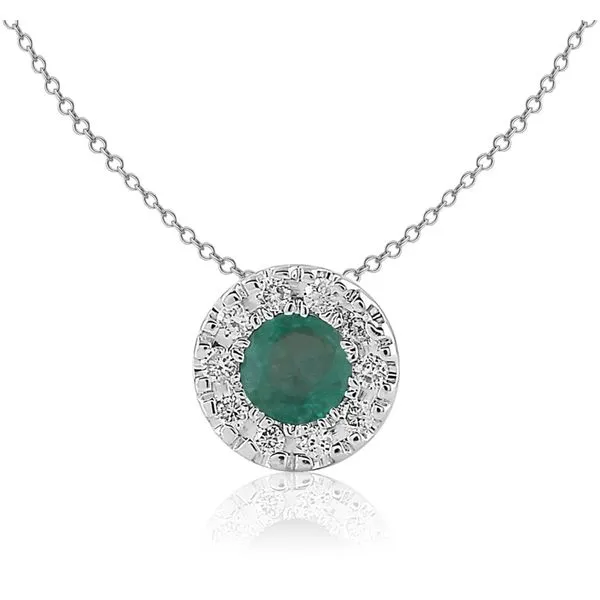 S. Lennon Classic 14K White Gold Round Emerald .35ct Pendant with Diamond Halo .08ct Steve Lennon & Co Jewelers  New Hartford, NY