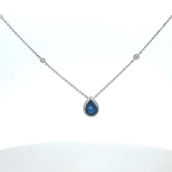 14K White Gold Pear Shaped Sapphire in a Bezel Set Pendant 1.15tcw With 4 Bezel Set Diamonds on the Chain.08tcw Steve Lennon & Co Jewelers  New Hartford, NY