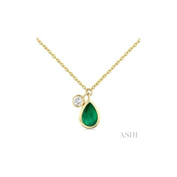 10kt Yellow Gold Pear Cut 5X3MM Emerald and Bezel Set Round Cut Diamond Necklace .03tw Steve Lennon & Co Jewelers  New Hartford, NY