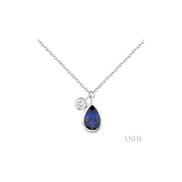 10kt White Gold Pear Cut 5X3MM Sapphire and Bezel Set Round Cut Diamond Necklace .03tw Steve Lennon & Co Jewelers  New Hartford, NY