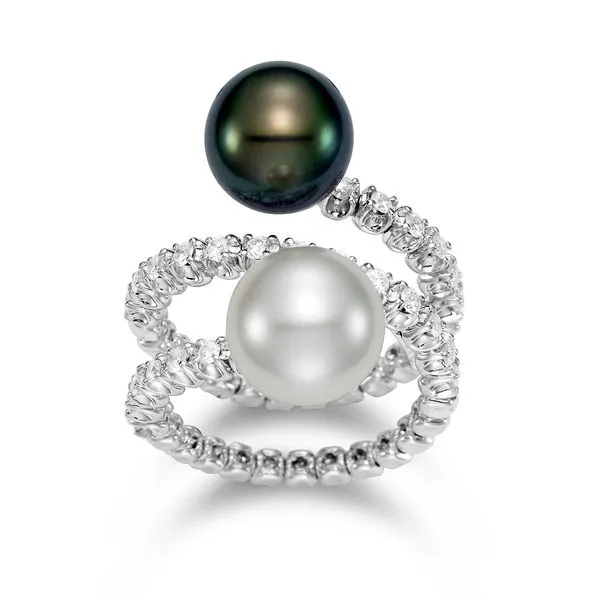 Mastoloni - Double Wrap Diamond Ring- 18KT White Gold 10.5MM Multicolor Black Tahitian and White South Sea Pearl Ring with 27 Di Steve Lennon & Co Jewelers  New Hartford, NY