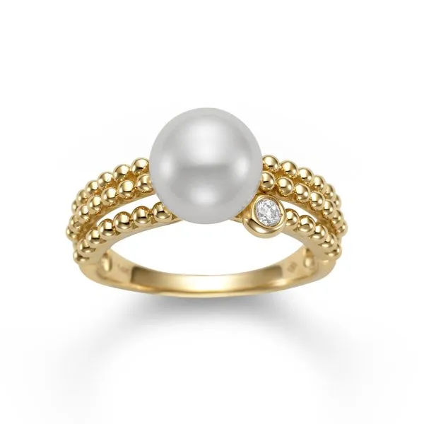 Mastoloni14Kt Yellow Gold Three Row Beaded Gold Ring with One 8.5-9MM Pearl and 1 Bezel Set Diamond .04tcw Steve Lennon & Co Jewelers  New Hartford, NY