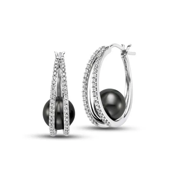 Mastoloni 14KT White Gold 8-9MM Black Tahitian Pearl Hoop Earrings with 80 Diamonds 0.32 TCW Steve Lennon & Co Jewelers  New Hartford, NY