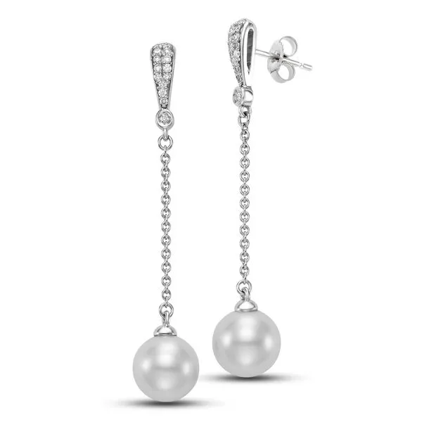 Mastoloni  18KT White Gold 9-9.5MM White Freshwater Pearl Chain Drop Earrings with 28 Pave Diamonds 0.15 TCW Steve Lennon & Co Jewelers  New Hartford, NY