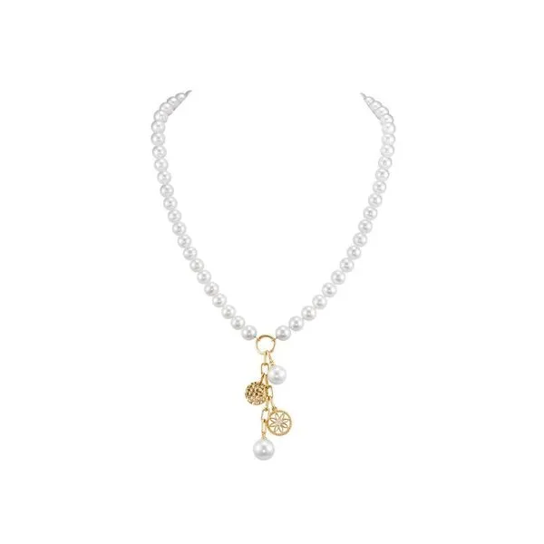 Mastoloni 14KT Yellow Gold Flower Press Pearl Necklace 8.5-10MM  White Freshwater Pearl Charm Necklace with 0.15TCW Diamonds Steve Lennon & Co Jewelers  New Hartford, NY