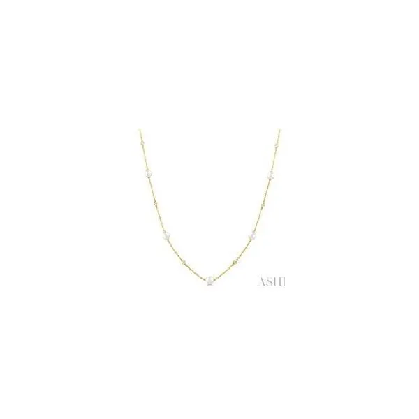 14kt Yellow Gold 3 MM Cultured Pearl and Round Cut Diamond Station Necklace .12tcw Steve Lennon & Co Jewelers  New Hartford, NY