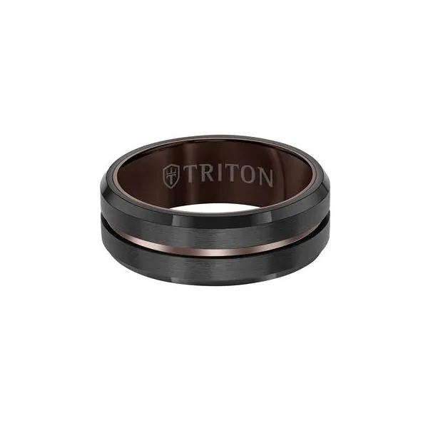 Triton - Brush Finish Step Edge Wedding Band Blue and Black Tungsten. Size 10 (Shown in Brown and Black) Steve Lennon & Co Jewelers  New Hartford, NY