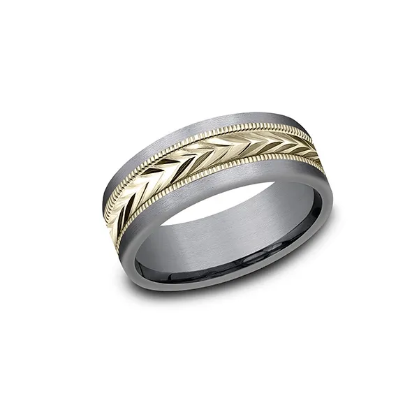 Benchmark 14k Yellow Gold Men's Wedding Band 8mm with Etched Engravings and Dark Gray Tantalum on Edges Steve Lennon & Co Jewelers  New Hartford, NY