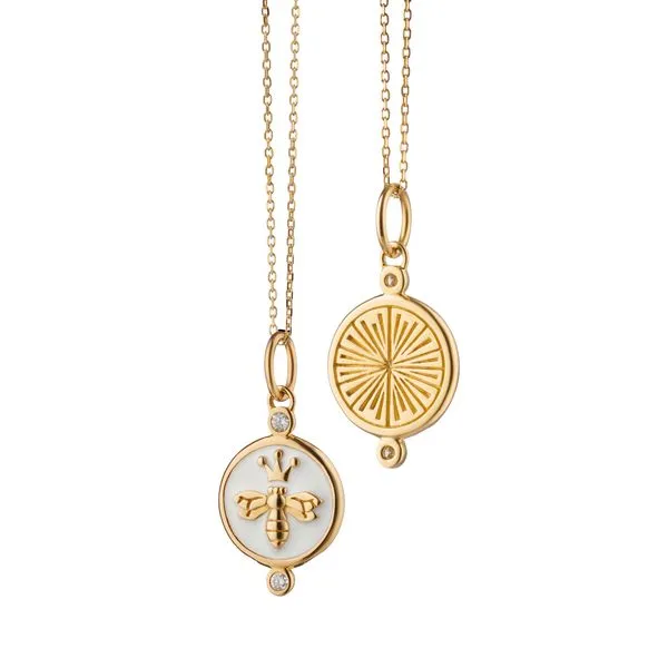 Monica Rich Kosann 18K Yellow Gold Bee Cham with White Enamel and Diamonds on 17