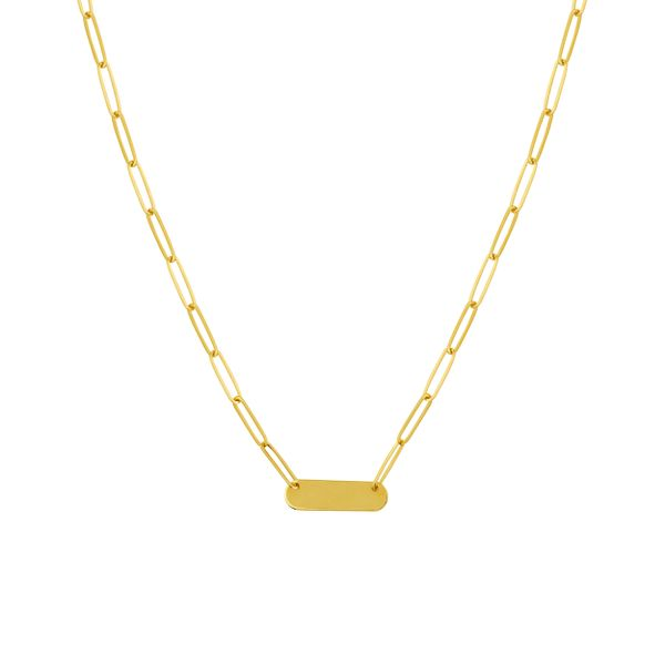 ID BAR PLATE ON THIN PAPER CLIP NECKLACE 14KT GOLD Steve Lennon & Co Jewelers  New Hartford, NY